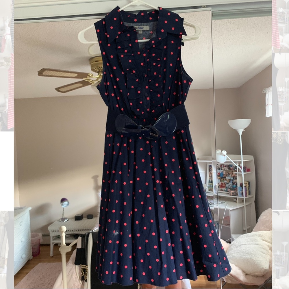 navy dress with pink polkadots